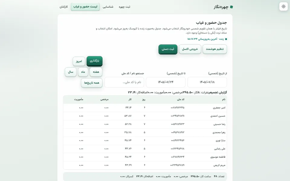 Attendance report table with Jalali date filters and Excel export
