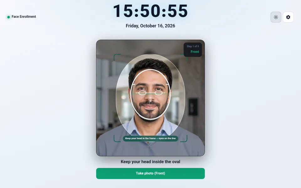 Face enrollment screen, front step of five, with an alignment oval over the camera feed