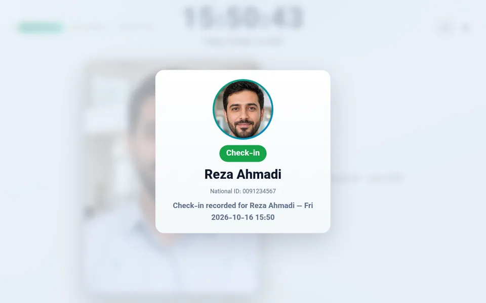Kiosk confirmation card showing a recognized person and a recorded check-in